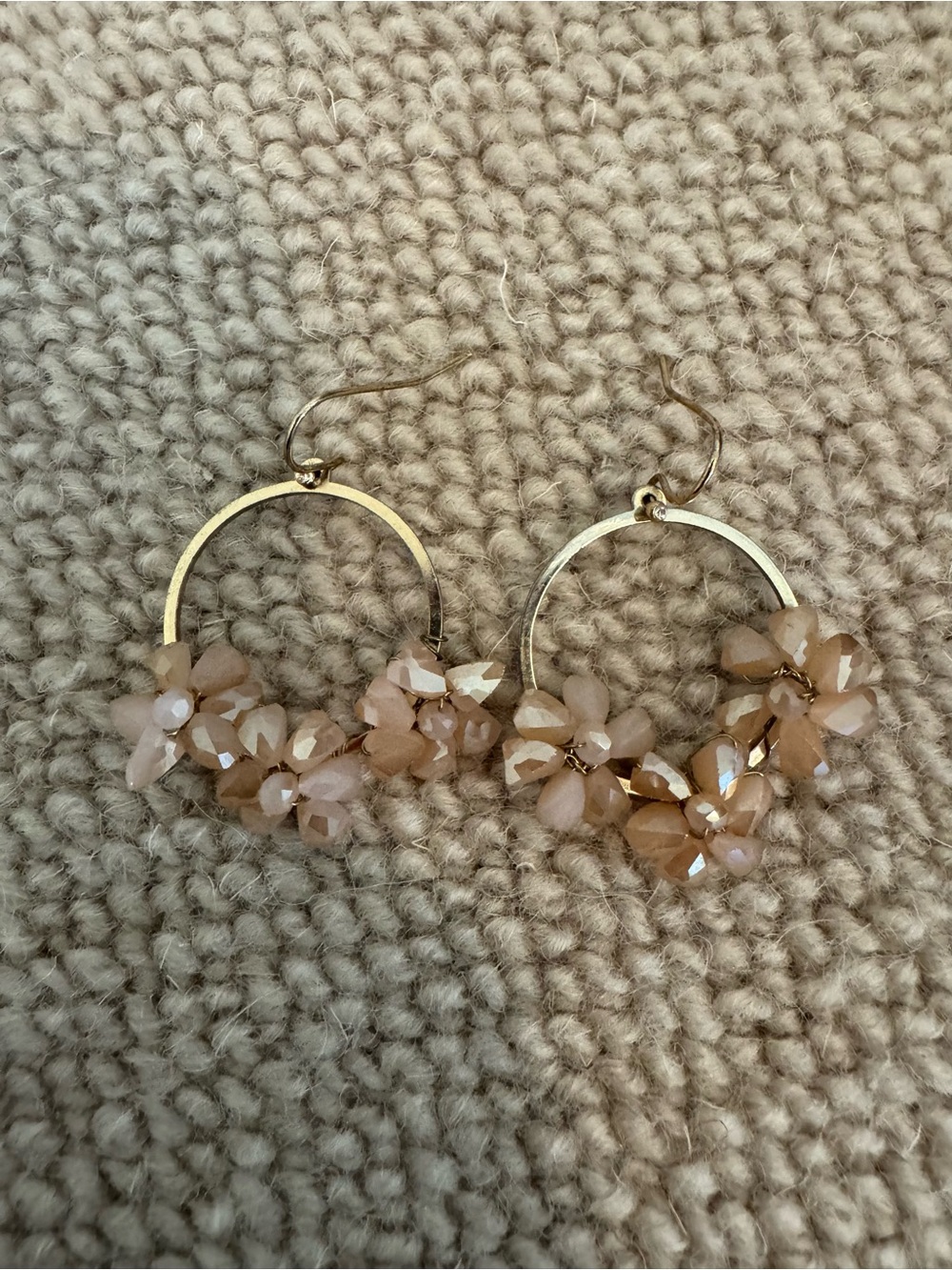 Gold Hoop Earrings with Beige Crystal Flower Accents